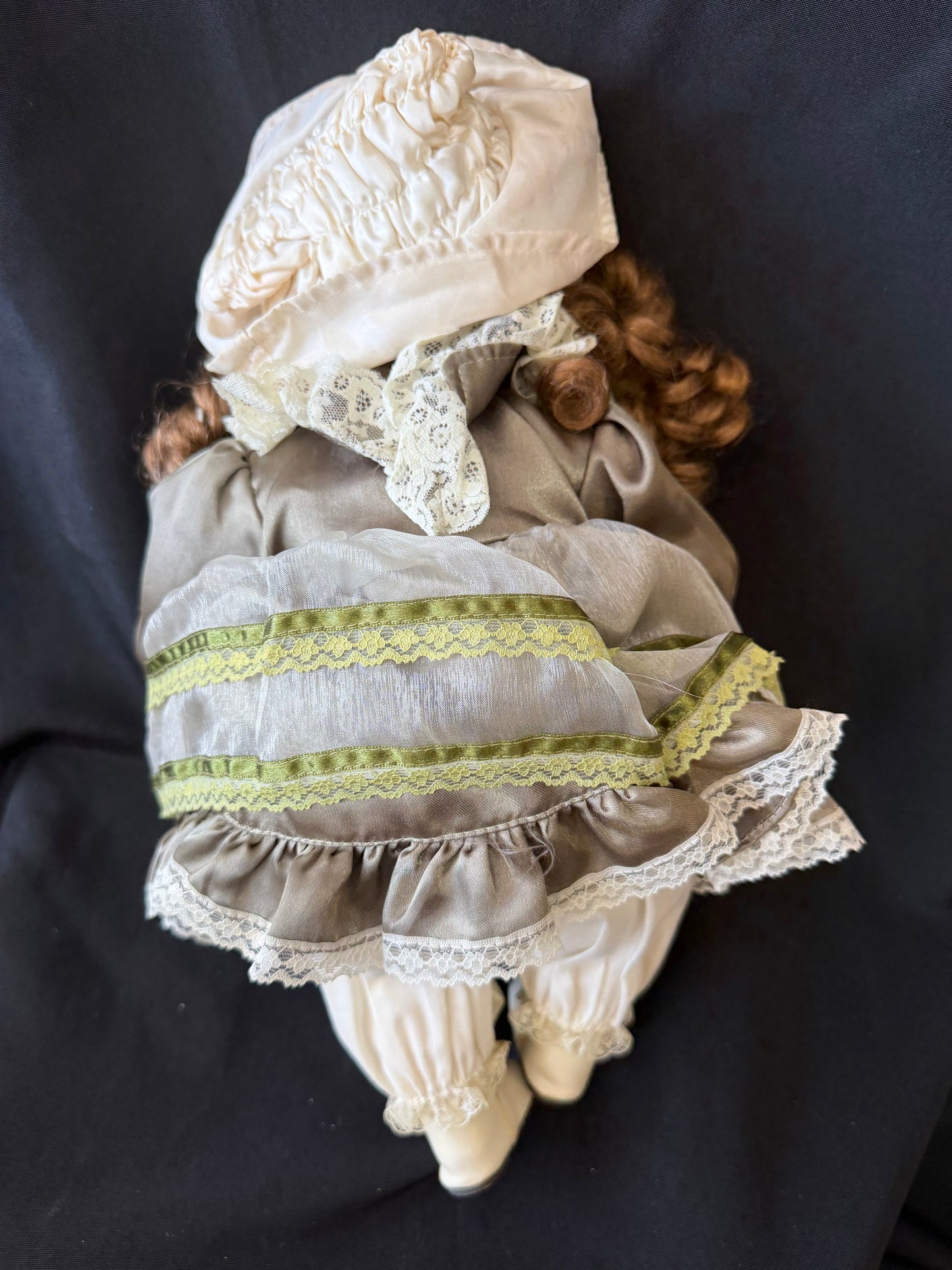 15" Vintage Porcelain Doll - Green Eyes & Green Dress