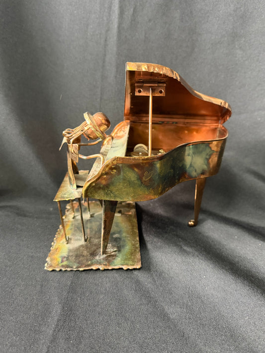 Vintage Copper Art Metal Music Box — Man Playing Grand Piano (Working)