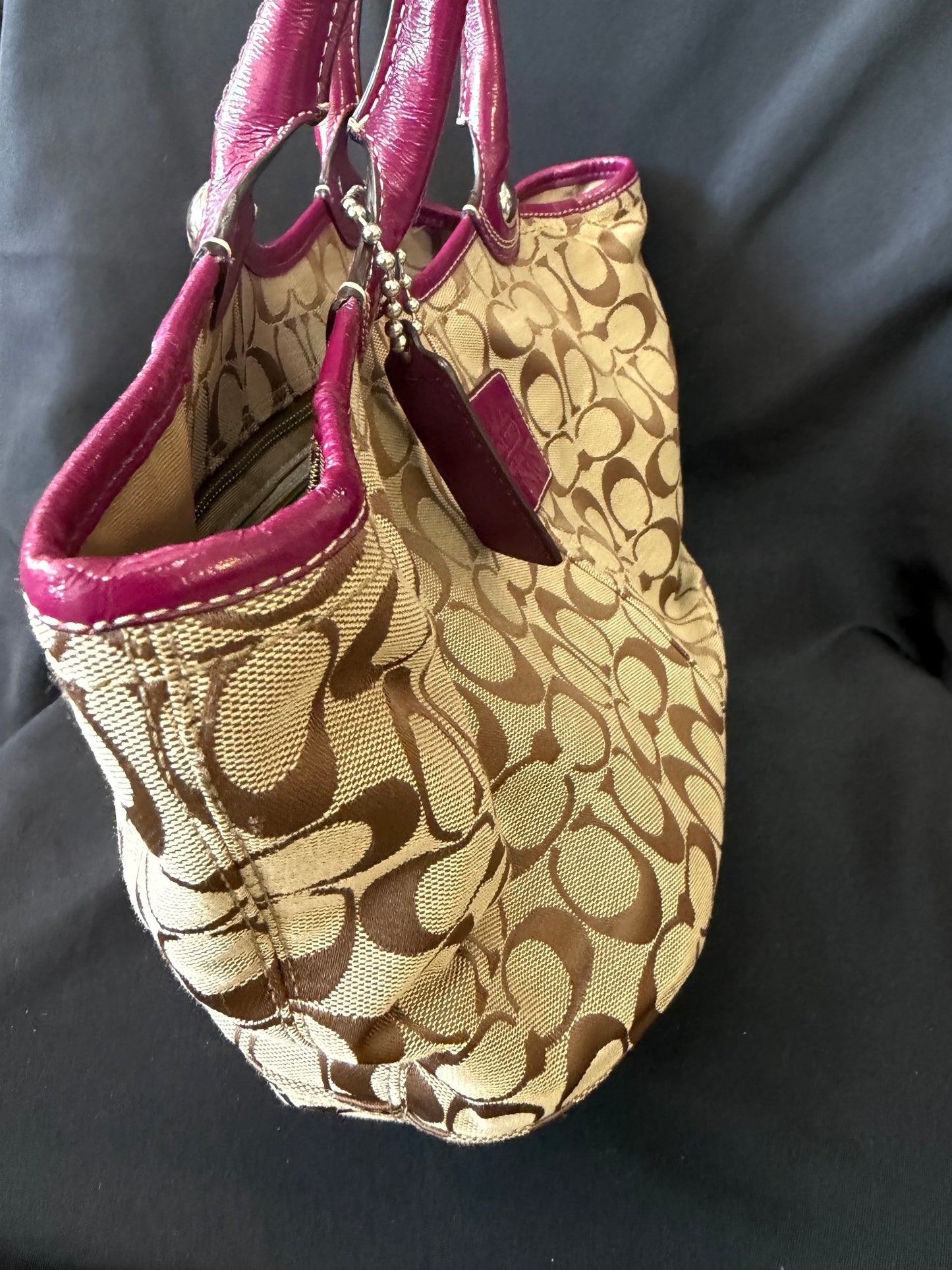Coach Signature "Bleecker" Tote — Plum & Brown Leather Trim
