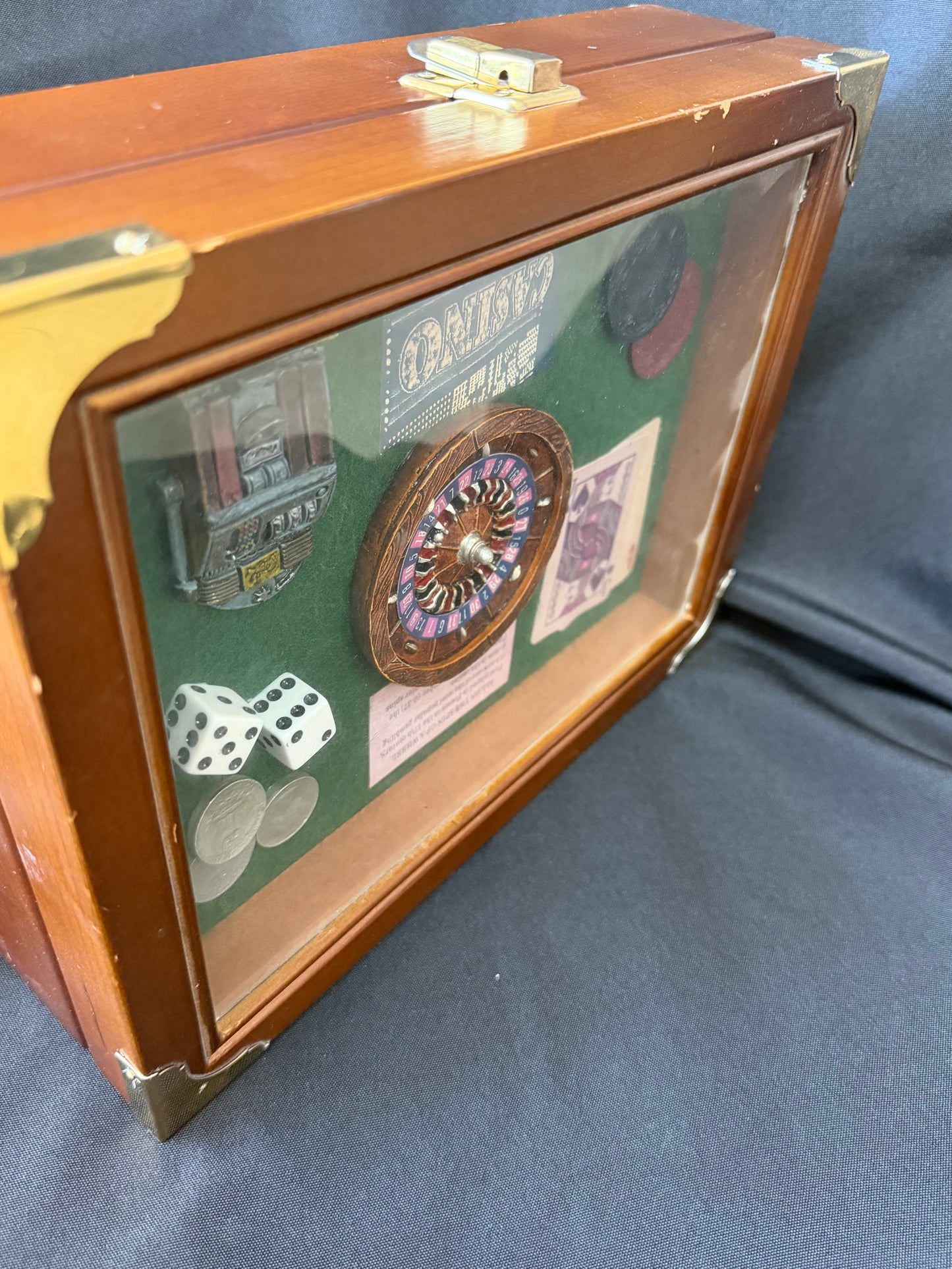 Vintage Wood Brass Playing Card Storage Box “All On The Spin Of A Wheel”