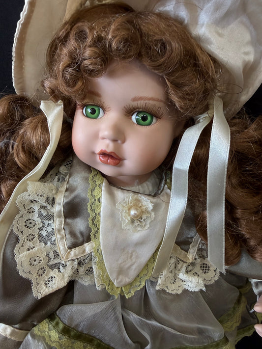 15" Vintage Porcelain Doll - Green Eyes & Green Dress