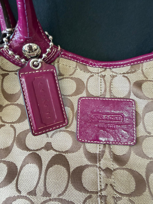 Coach Signature "Bleecker" Tote — Plum & Brown Leather Trim