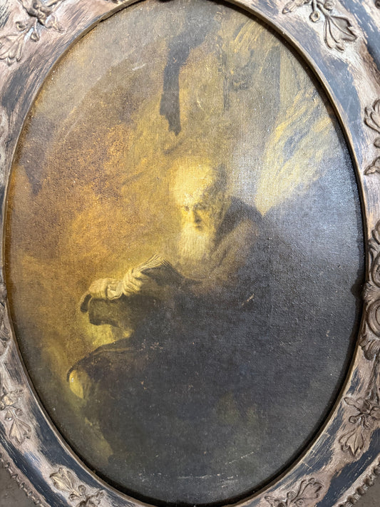 Philosopher Reading — Vintage Rembrandt Reproduction in Wooden Frame (~18" x 25")