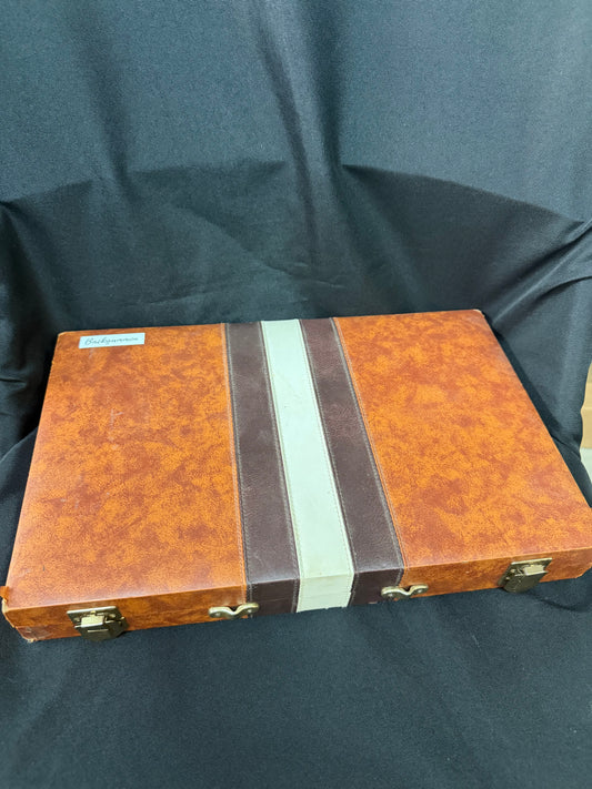 Vintage 15″ Backgammon Travel Set — Brown Faux Leather Briefcase