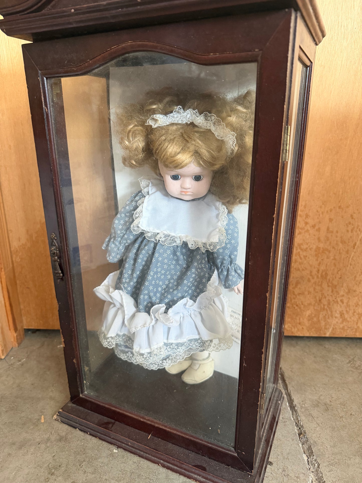 Porcelain Doll in Blue & White Dress — Wooden Display Case
