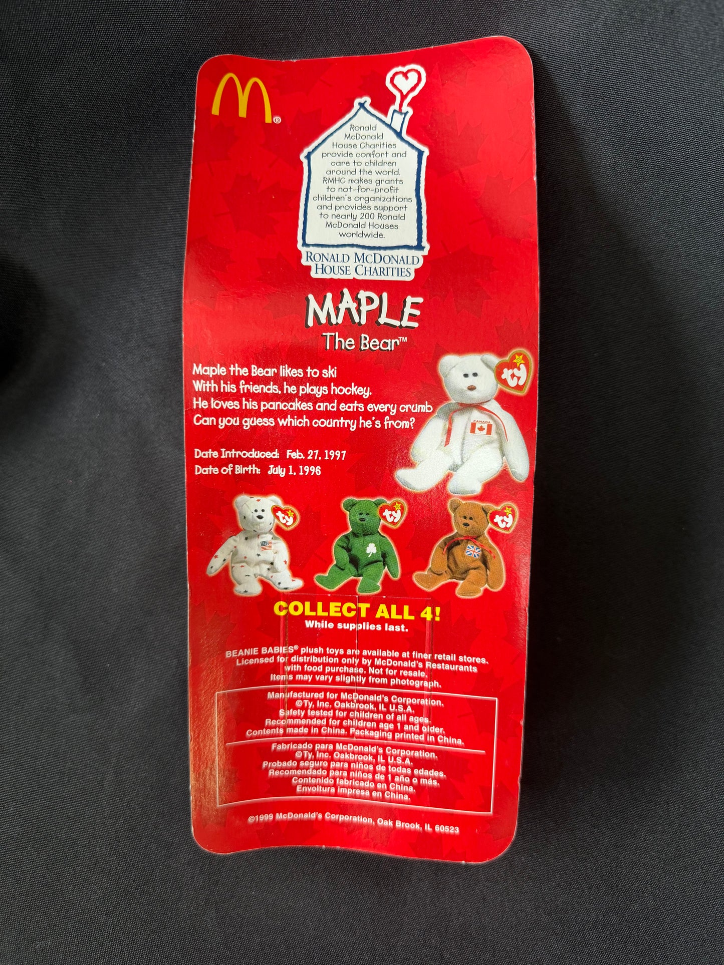 TY McDonald's Beanie Babies — Erin, Maple, Britannia & Glory Bear 1999 Complete Set of 4