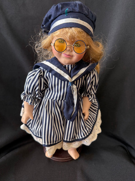 Porcelain Doll in Striped Dress with Glasses - by Alberon
