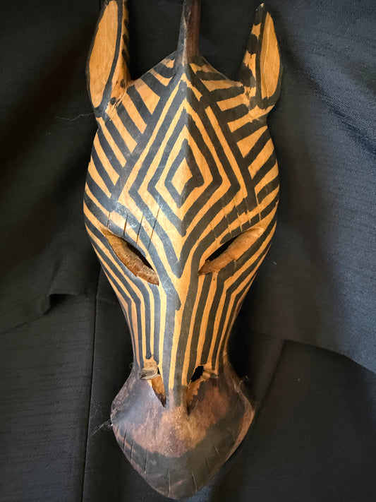 Vintage Hand Carved Wooden Zebra Mask — Wall Hanging Set of 2