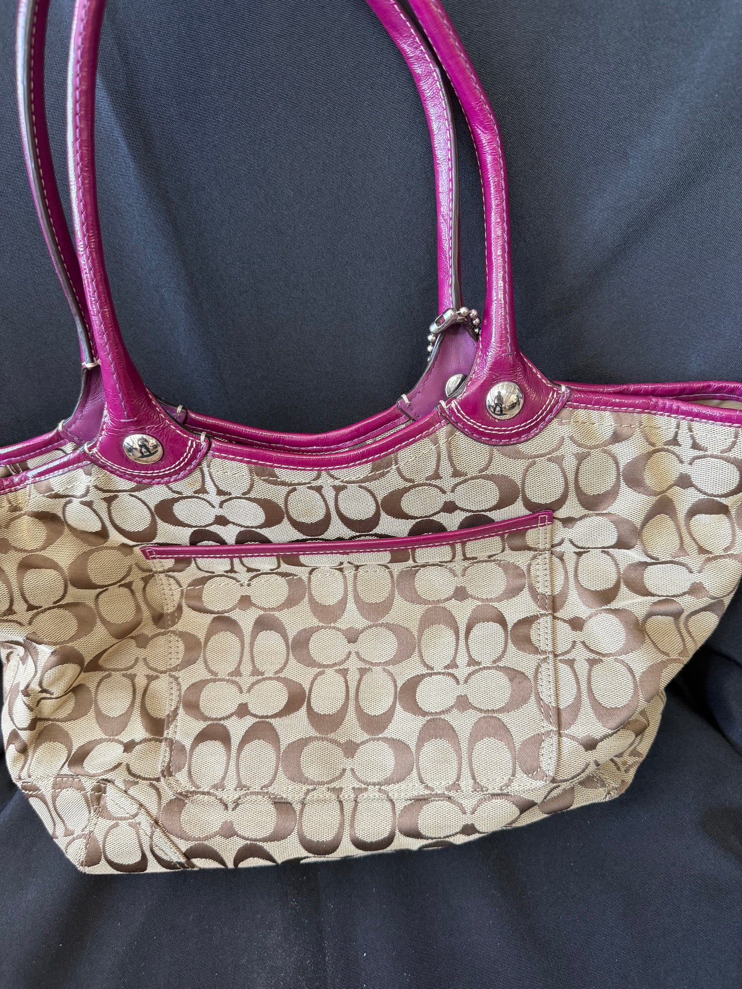 Coach Signature "Bleecker" Tote — Plum & Brown Leather Trim