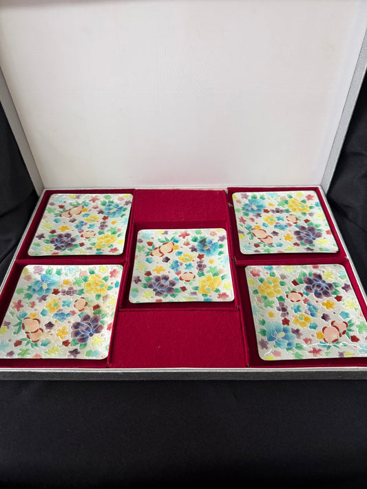 Vintage Japanese Tutanka Enamel Cloisonné Plates - set of 5