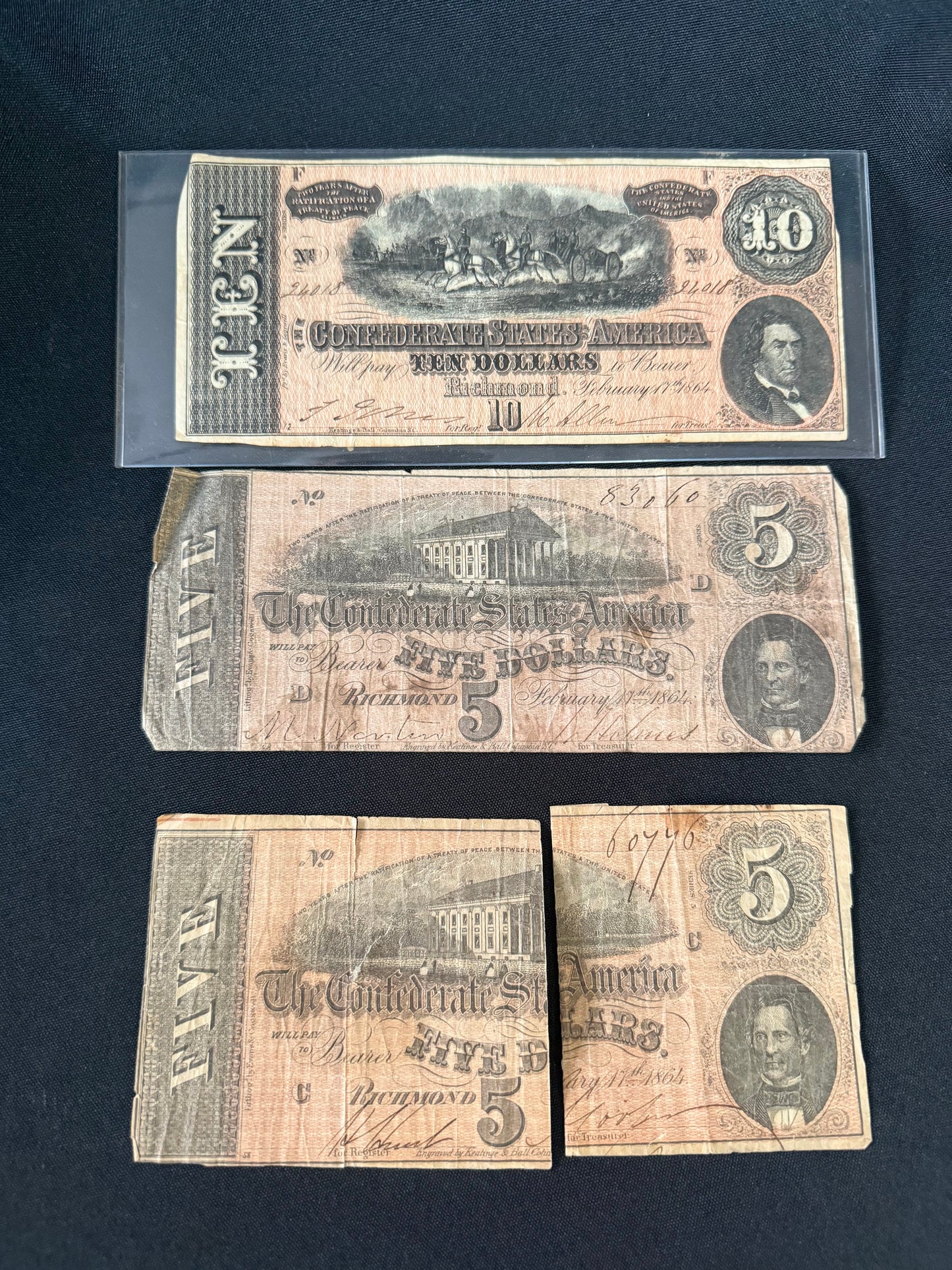 1864 Confederate States of America $10 & $5 Bill — Richmond, VA