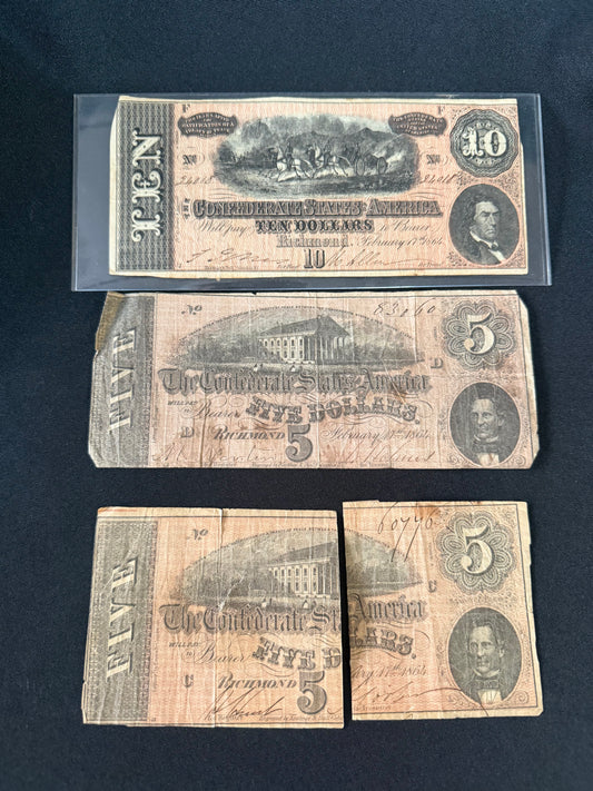 1864 Confederate States of America $10 & $5 Bill — Richmond, VA