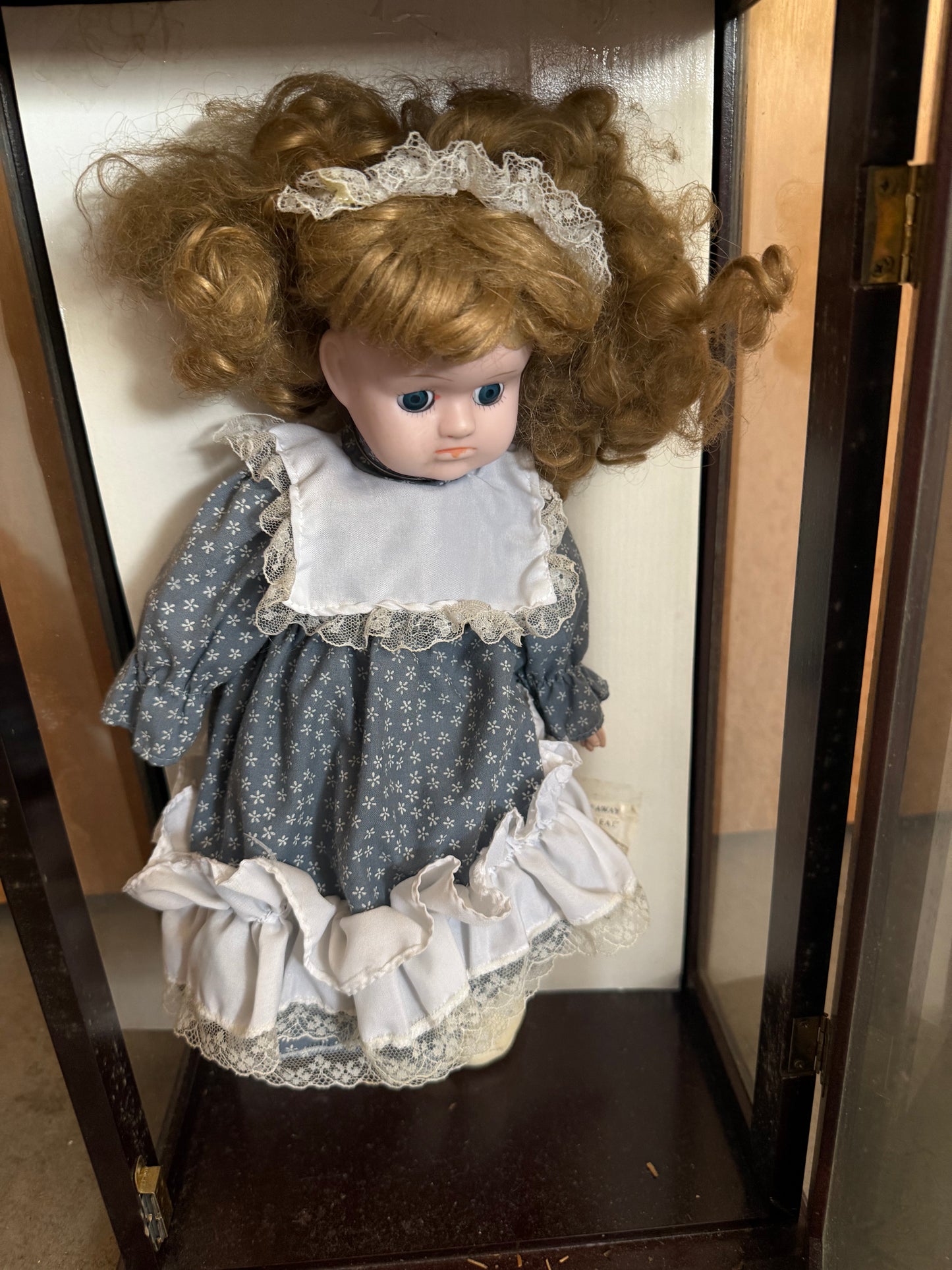 Porcelain Doll in Blue & White Dress — Wooden Display Case