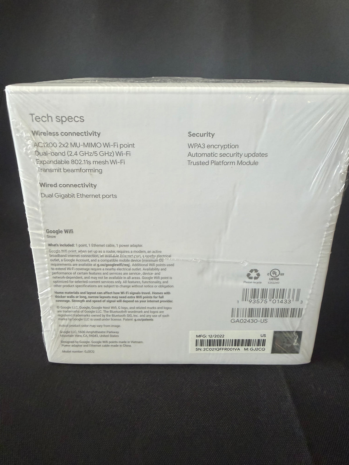 Google Wifi AC1200 — Mesh WiFi System (1500 Sq Ft Coverage, Factory Sealed)