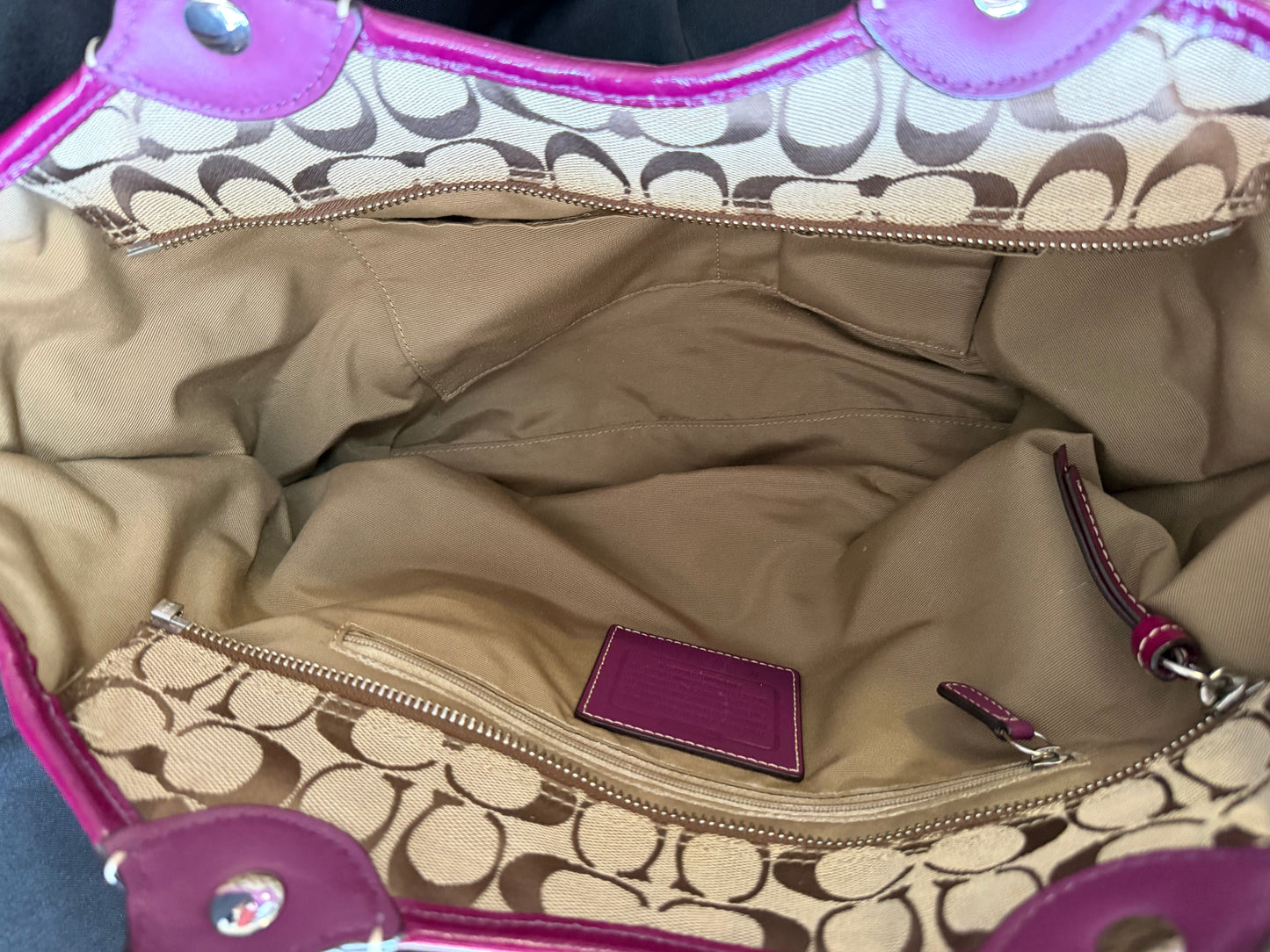 Coach Signature "Bleecker" Tote — Plum & Brown Leather Trim