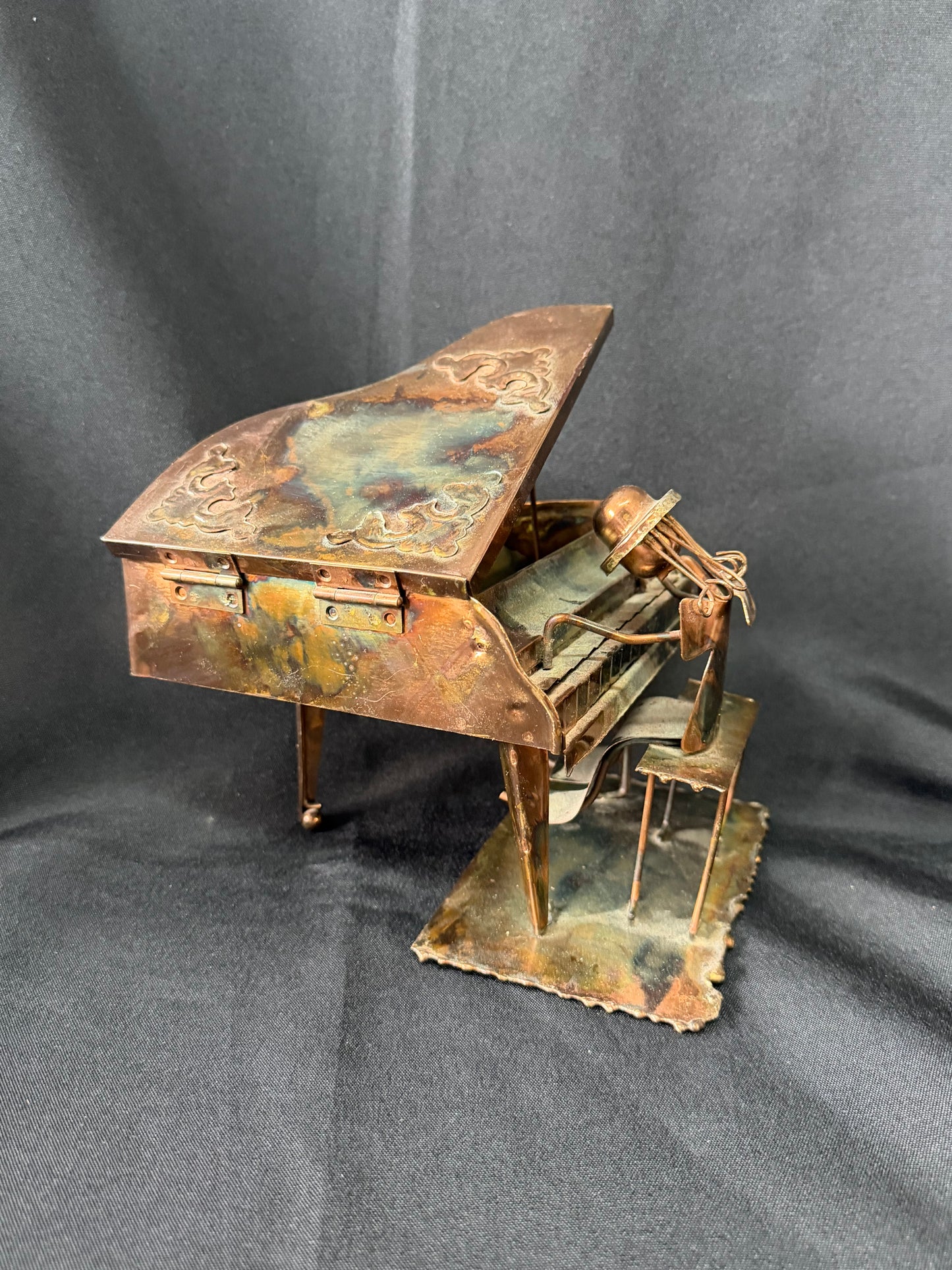 Vintage Copper Art Metal Music Box — Man Playing Grand Piano (Working)