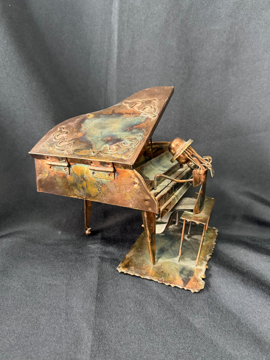 Vintage Copper Art Metal Music Box — Man Playing Grand Piano (Working)
