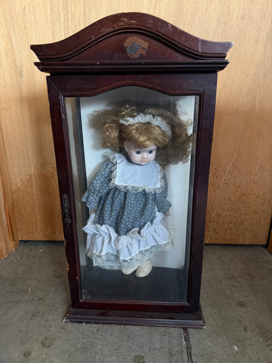 Porcelain Doll in Blue & White Dress — Wooden Display Case