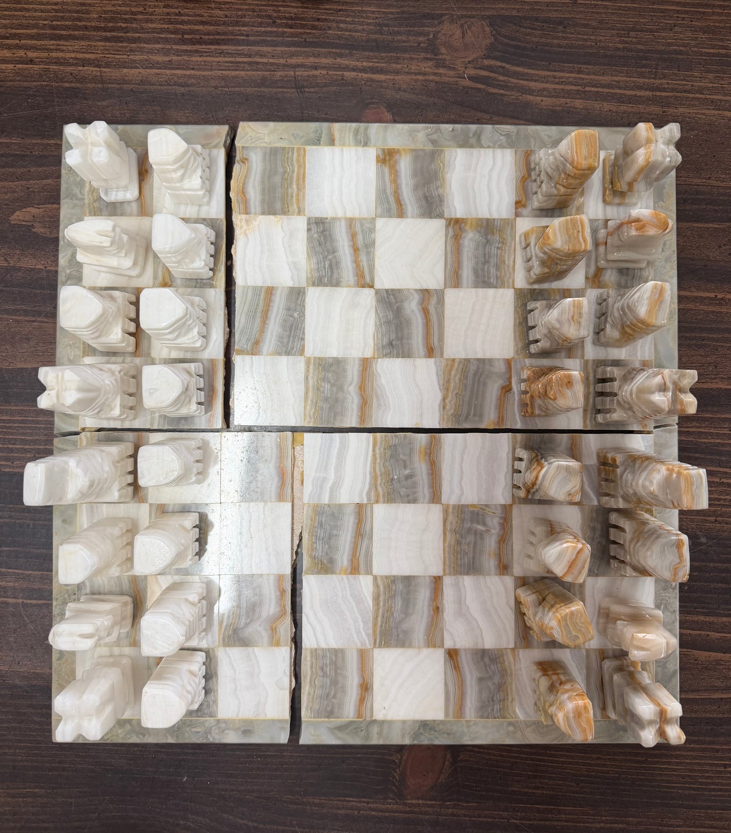 Vintage Mexican Marble & Onyx Hand-Carved Aztec Chess Set — White & Brown