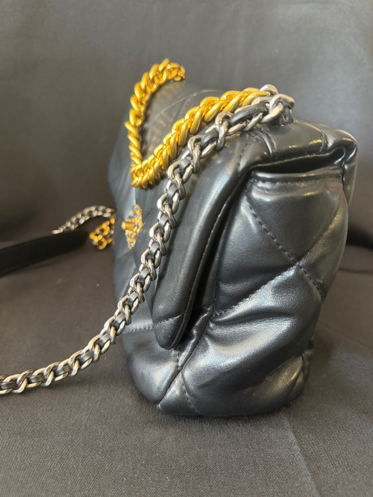 Chanel 19 - Handbag Black Lambskin Leather Gold Silver Ruthenium Tone Strap