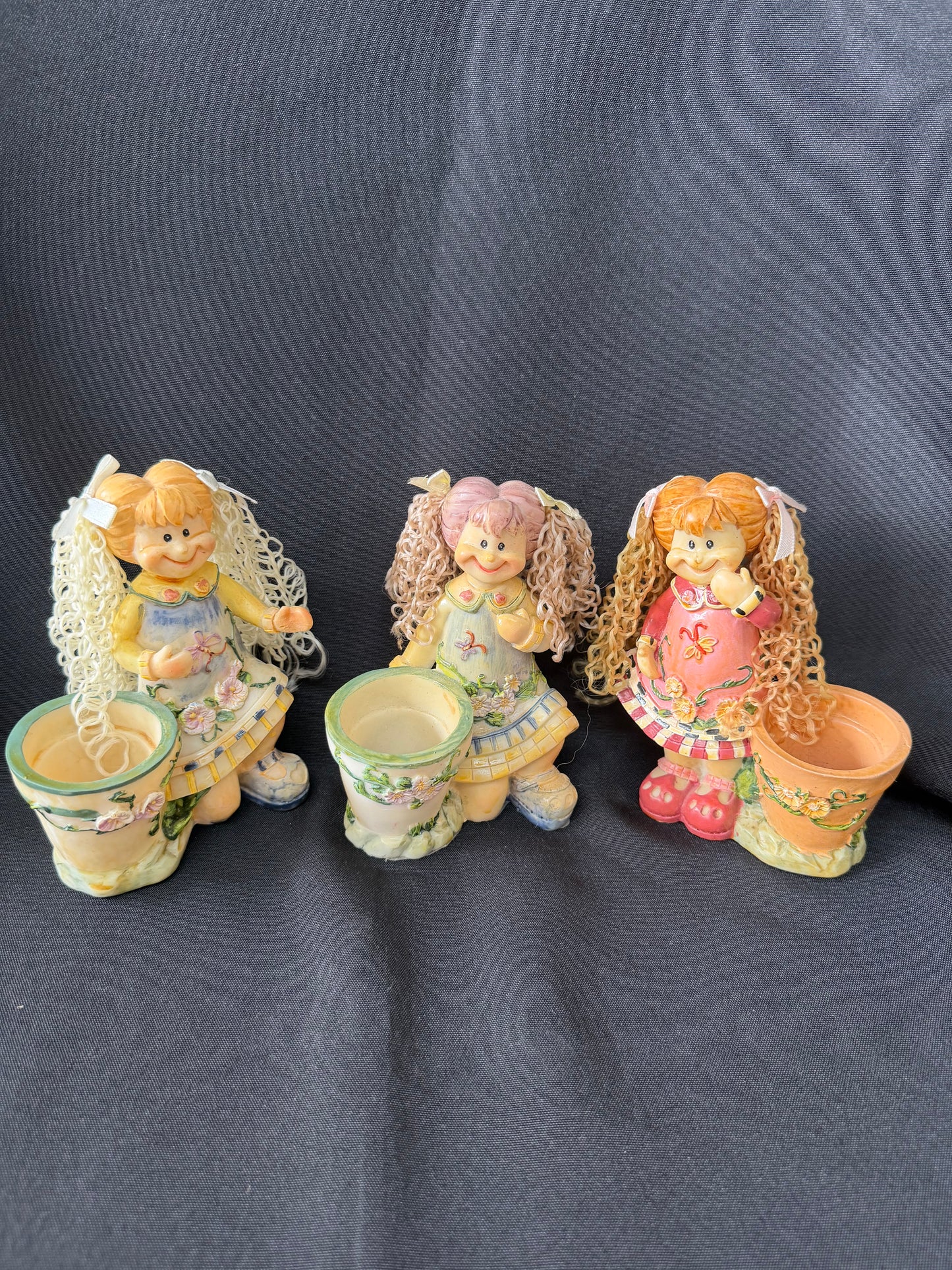 Resin Flower Pot Girl Figurine - Set of 3