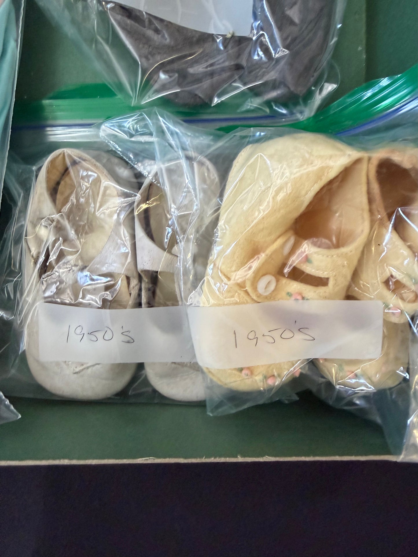 Vintage 1950s Baby Clothing & Shoes with 1920s Baby Shoes — Presented in Vintage Sears Holiday Gift Box