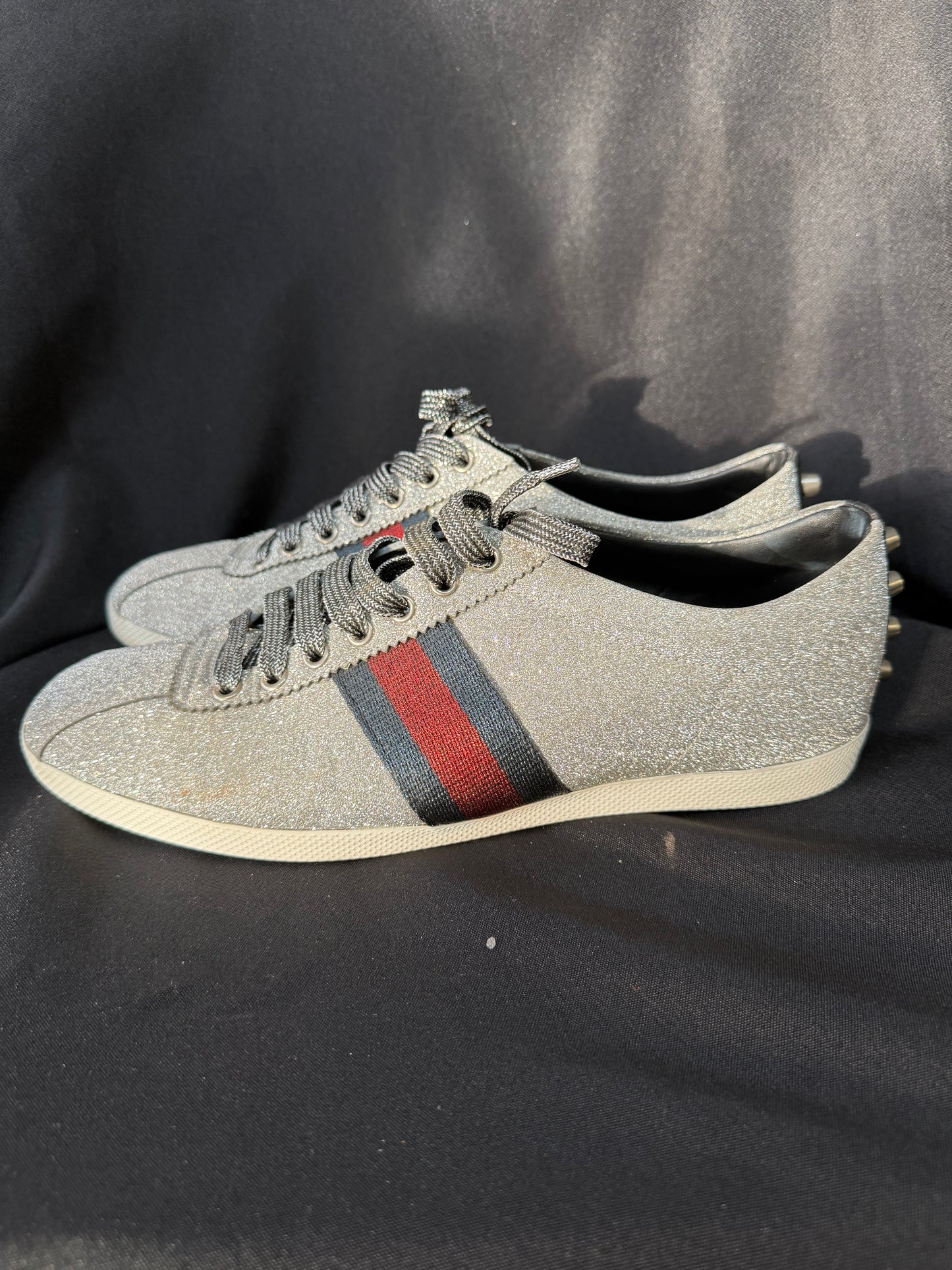 Gucci Bambi Web Silver Sparkle Low Top Sneakers 414864