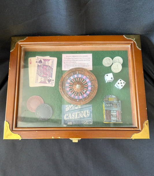 Vintage Wood Brass Playing Card Storage Box “All On The Spin Of A Wheel”