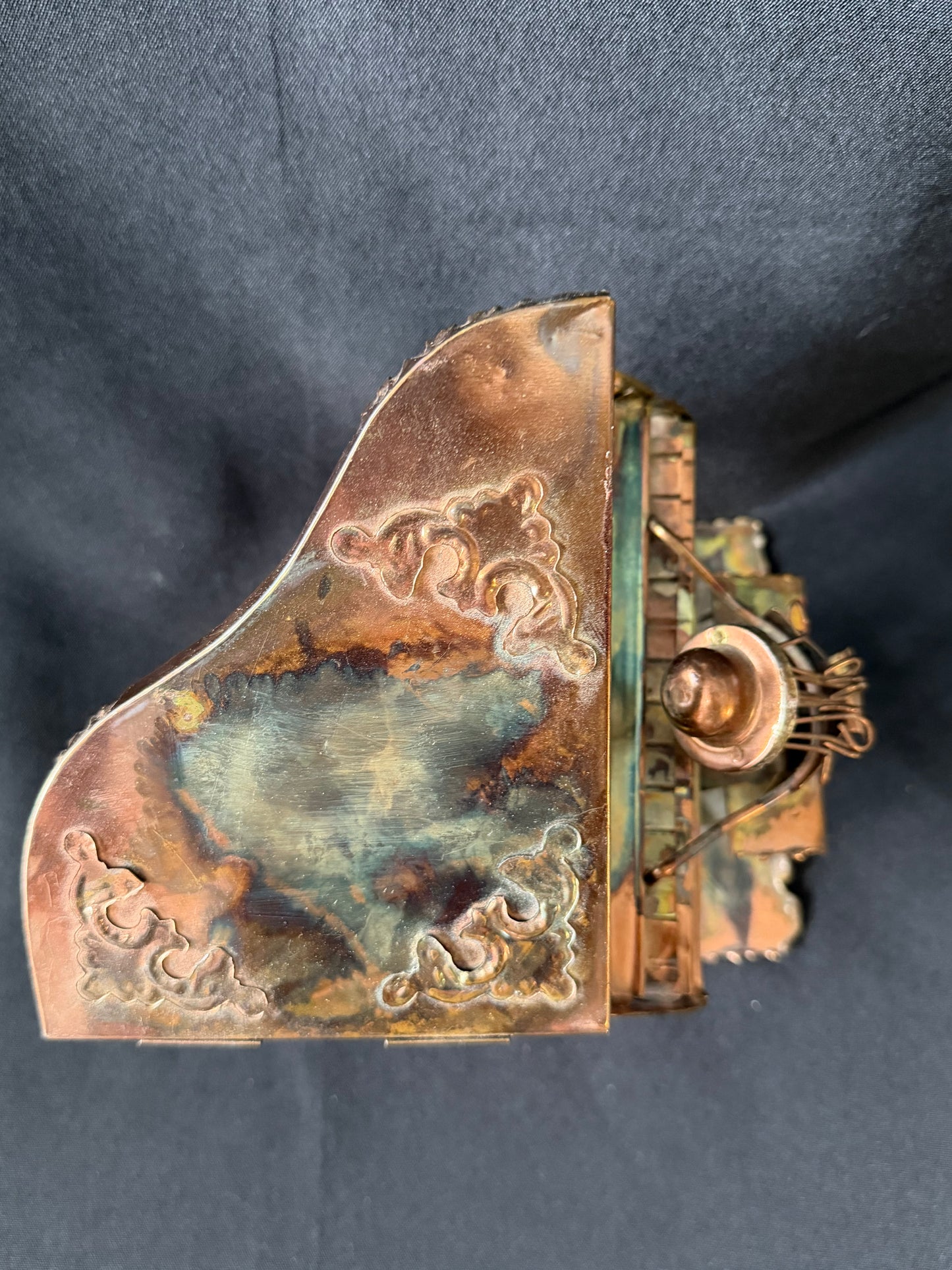 Vintage Copper Art Metal Music Box — Man Playing Grand Piano (Working)