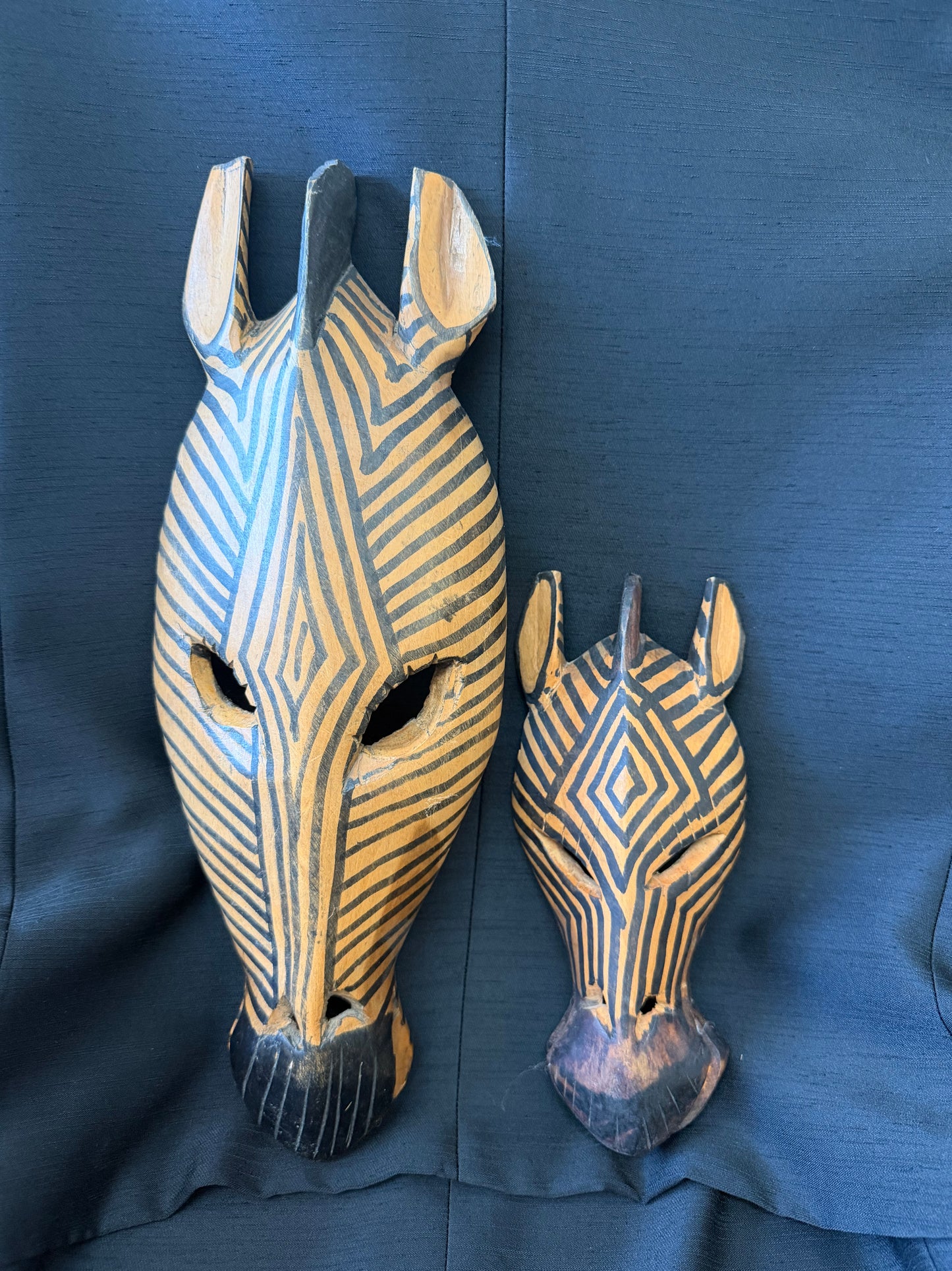 Vintage Hand Carved Wooden Zebra Mask — Wall Hanging Set of 2