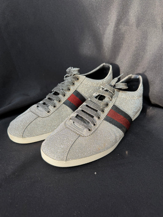 Gucci Bambi Web Silver Sparkle Low Top Sneakers 414864