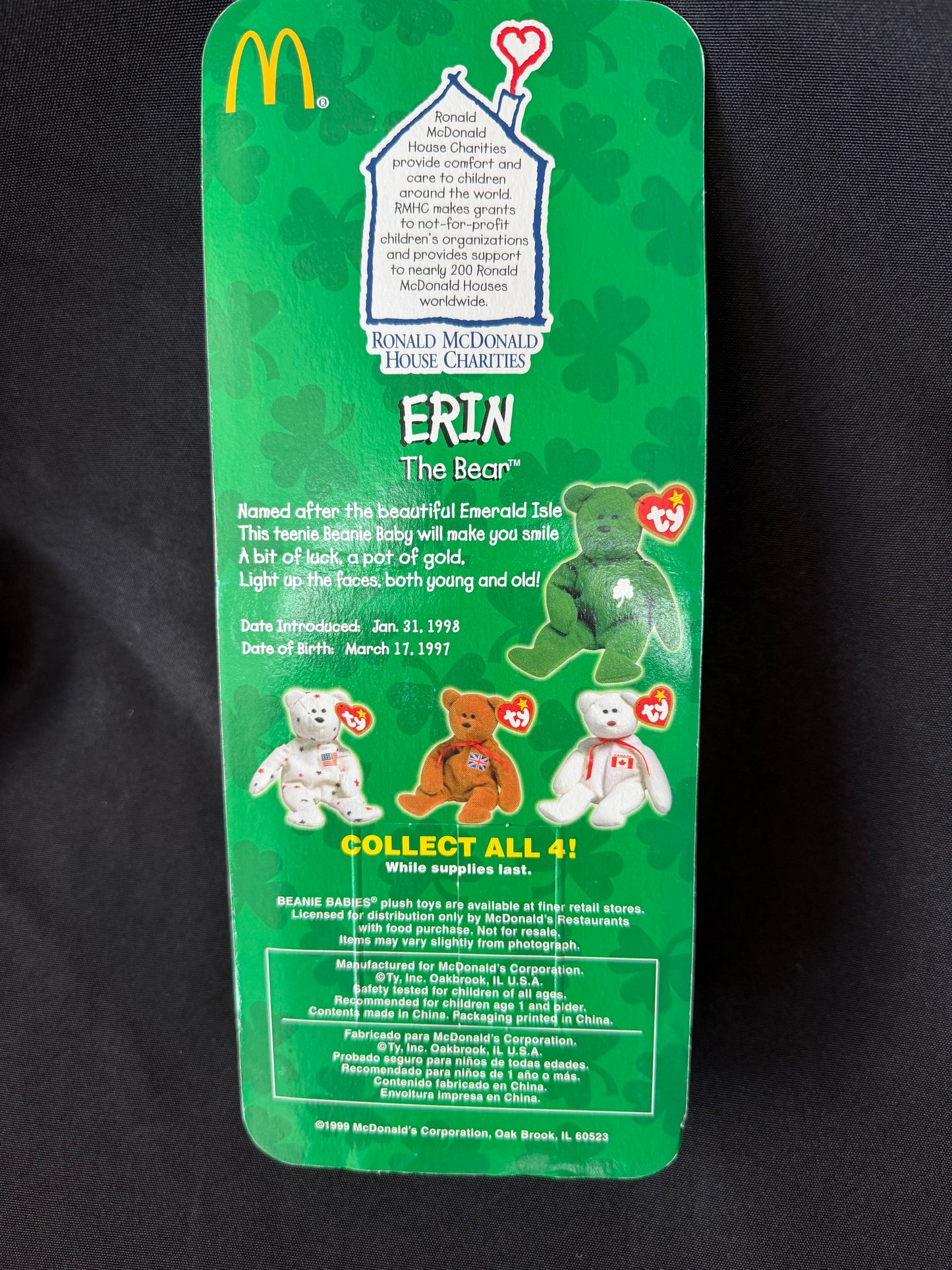 TY McDonald's Beanie Babies — Erin, Maple, Britannia & Glory Bear 1999 Complete Set of 4