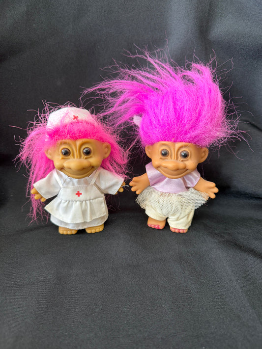 Set of 2 Russ Berrie Troll Dolls — “Lucky Nurse” & Dressed
