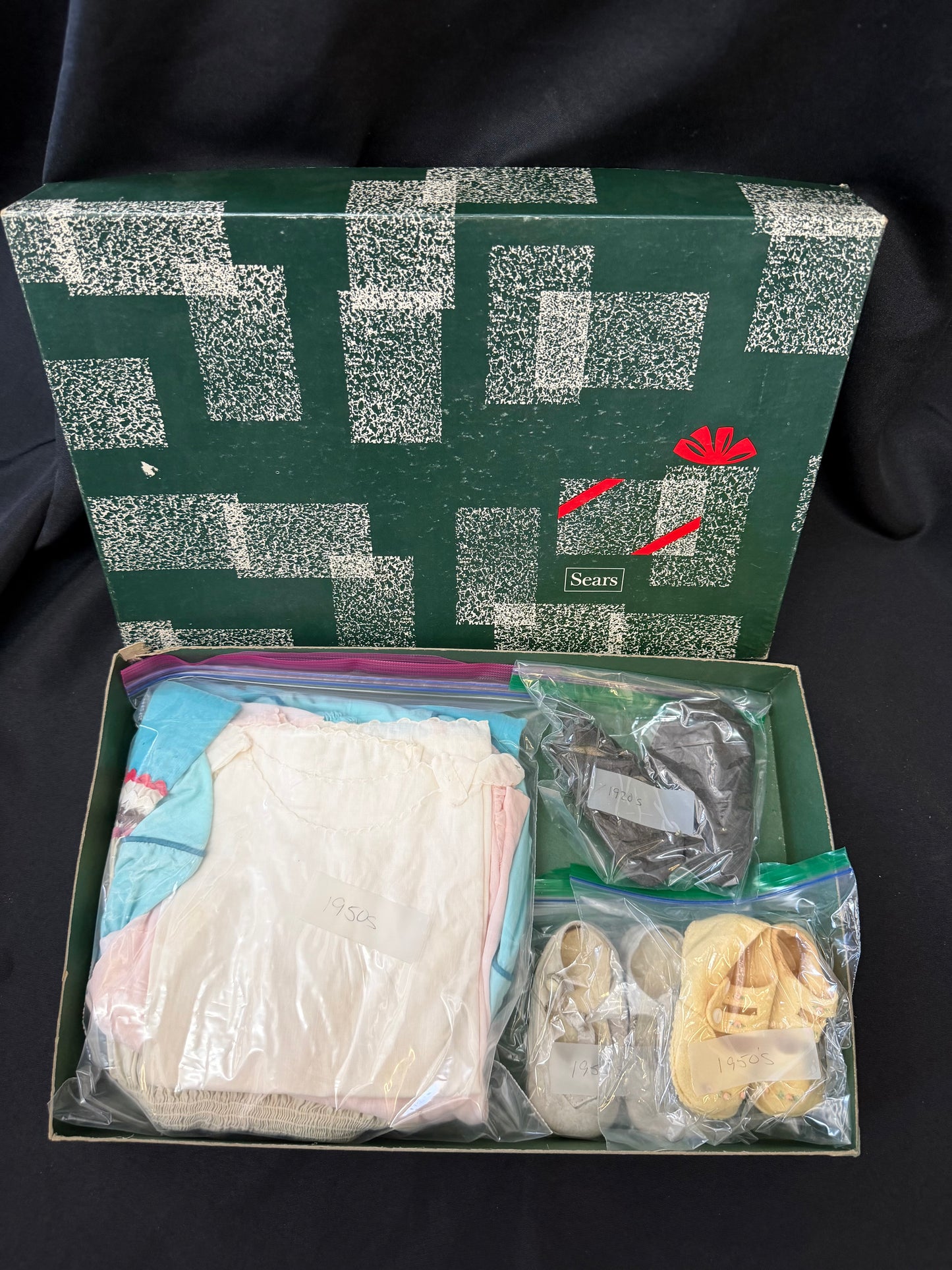 Vintage 1950s Baby Clothing & Shoes with 1920s Baby Shoes — Presented in Vintage Sears Holiday Gift Box