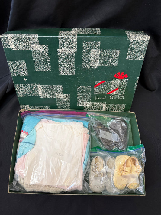 Vintage 1950s Baby Clothing & Shoes with 1920s Baby Shoes — Presented in Vintage Sears Holiday Gift Box