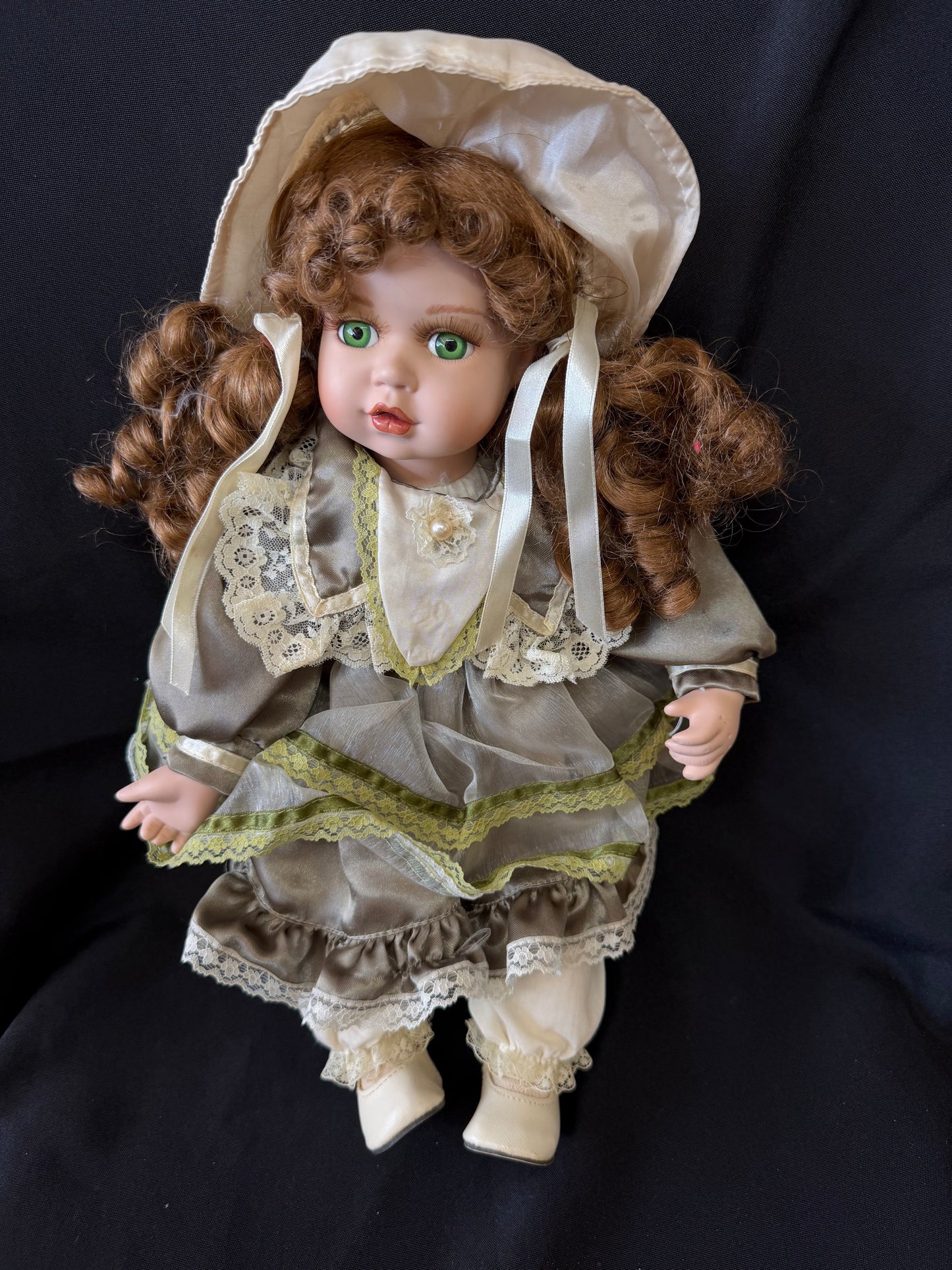 15" Vintage Porcelain Doll - Green Eyes & Green Dress