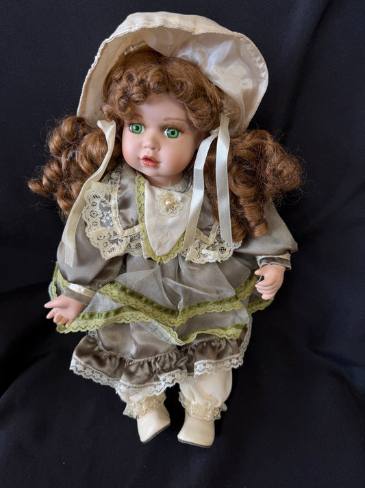 15" Vintage Porcelain Doll - Green Eyes & Green Dress