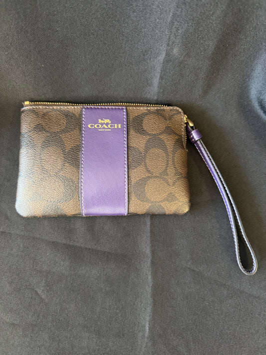 Coach F58035 — Signature PVC Leather Corner Zip Wristlet, Purple and Brown