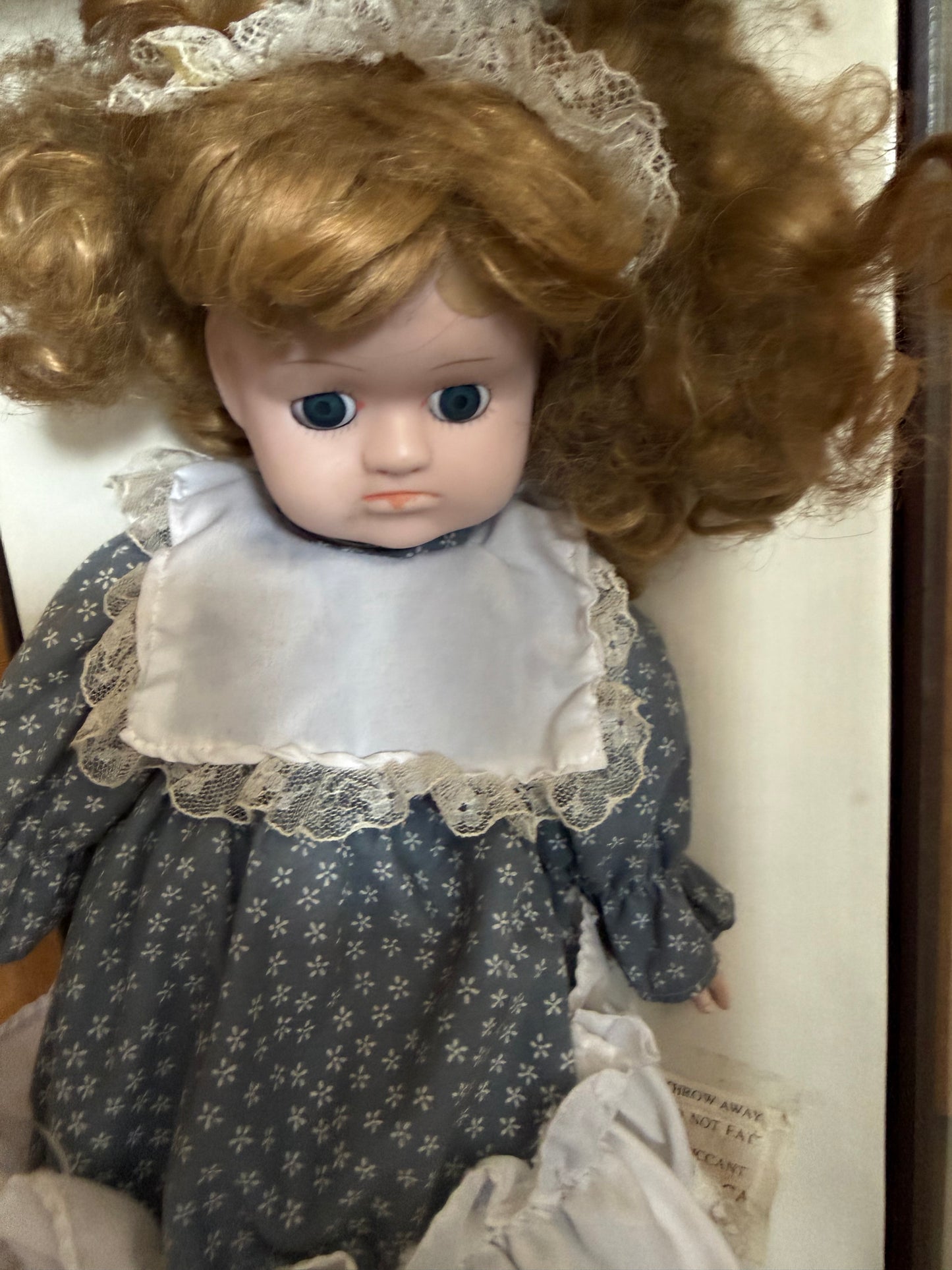 Porcelain Doll in Blue & White Dress — Wooden Display Case