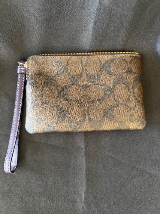 Coach F58035 — Signature PVC Leather Corner Zip Wristlet, Purple and Brown