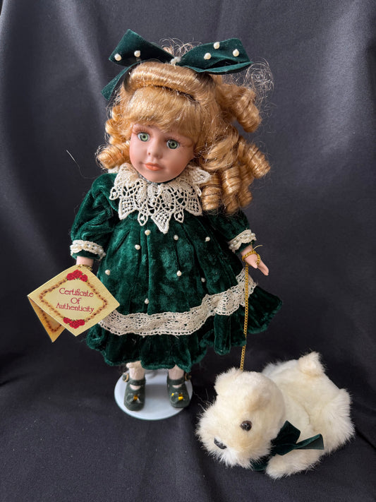 Collectors Choice — Fine Bisque Music Windup Porcelain Doll in Green Dress — with Dog & Leash
