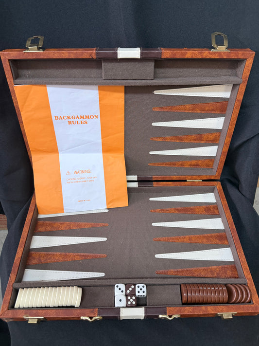 Vintage 15″ Backgammon Travel Set — Brown Faux Leather Briefcase