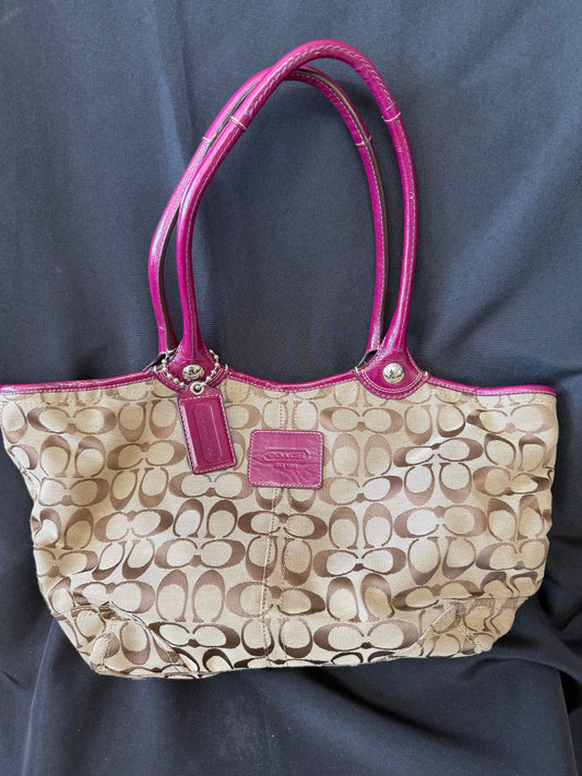 Coach Signature "Bleecker" Tote — Plum & Brown Leather Trim