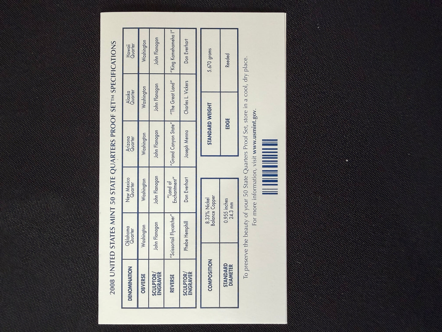 United States Mint 50 State Quarters Proof Set - 2008