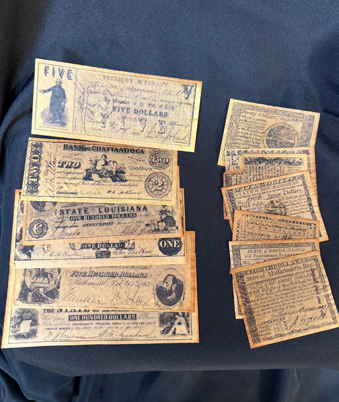 Vintage Antiqued Reproductions Confederate Currency Bills Set B