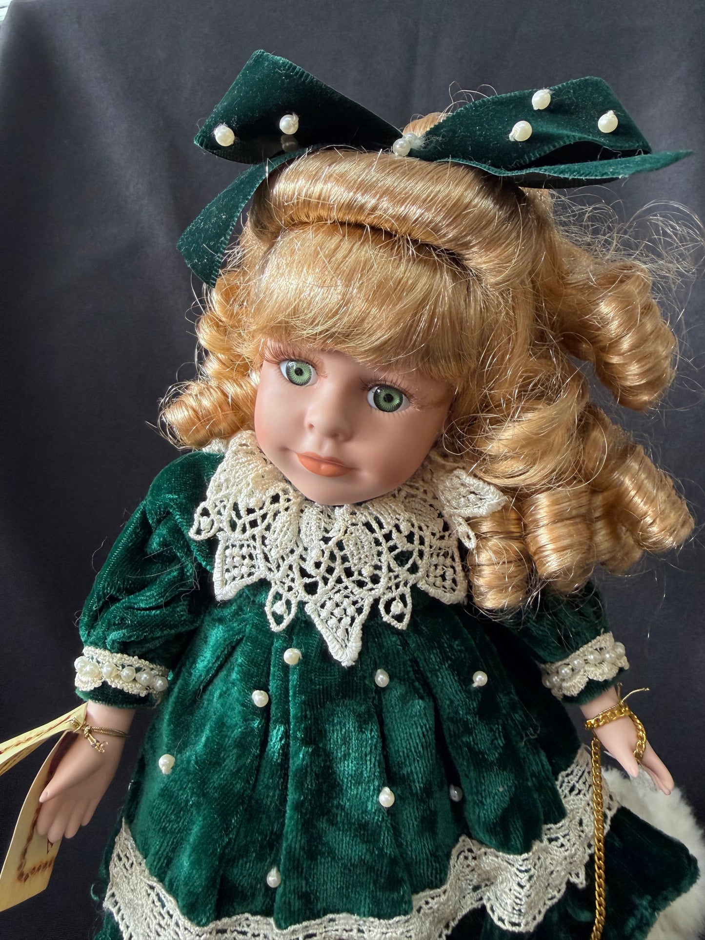 Collectors Choice — Fine Bisque Music Windup Porcelain Doll in Green Dress — with Dog & Leash