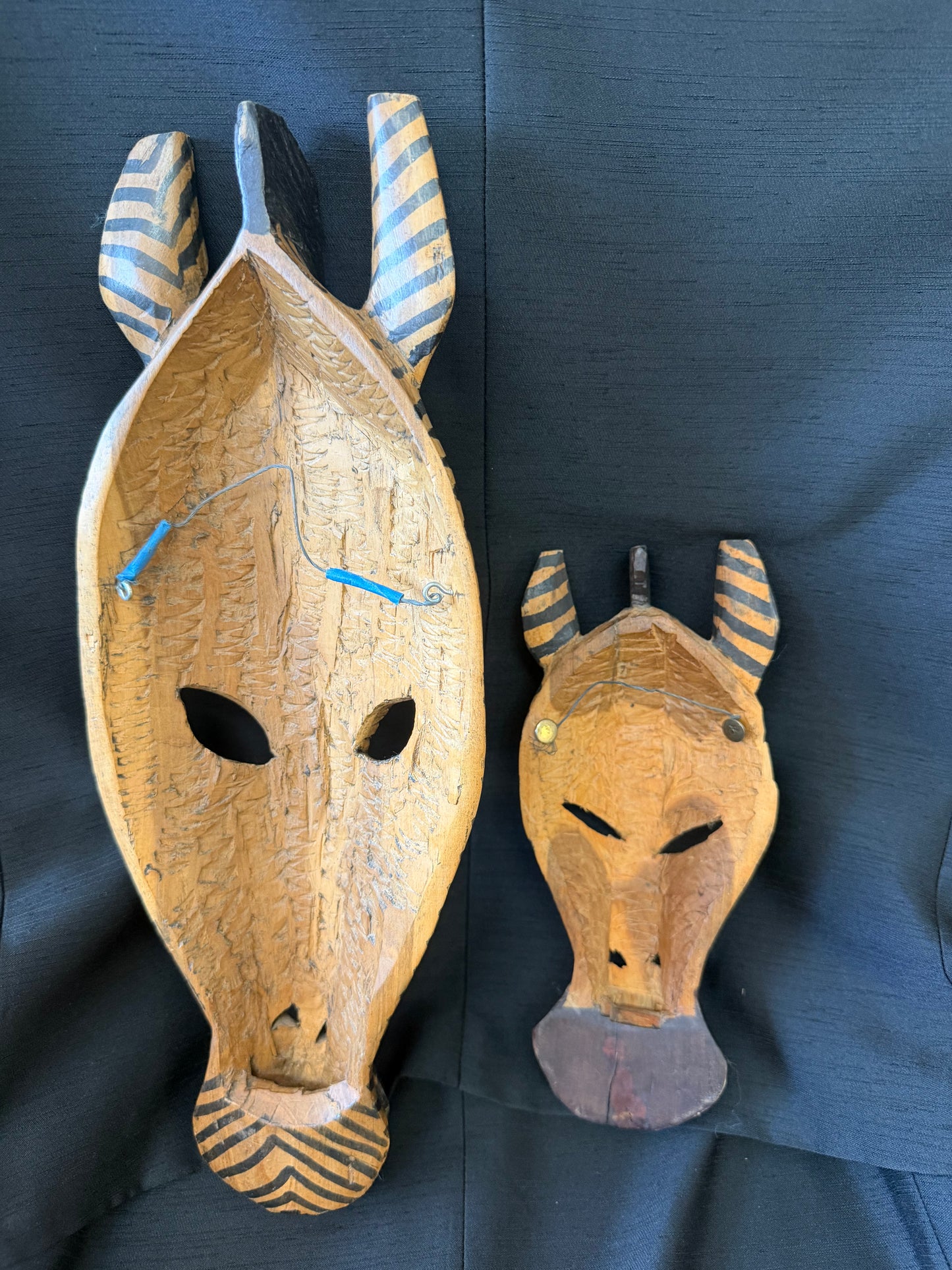 Vintage Hand Carved Wooden Zebra Mask — Wall Hanging Set of 2