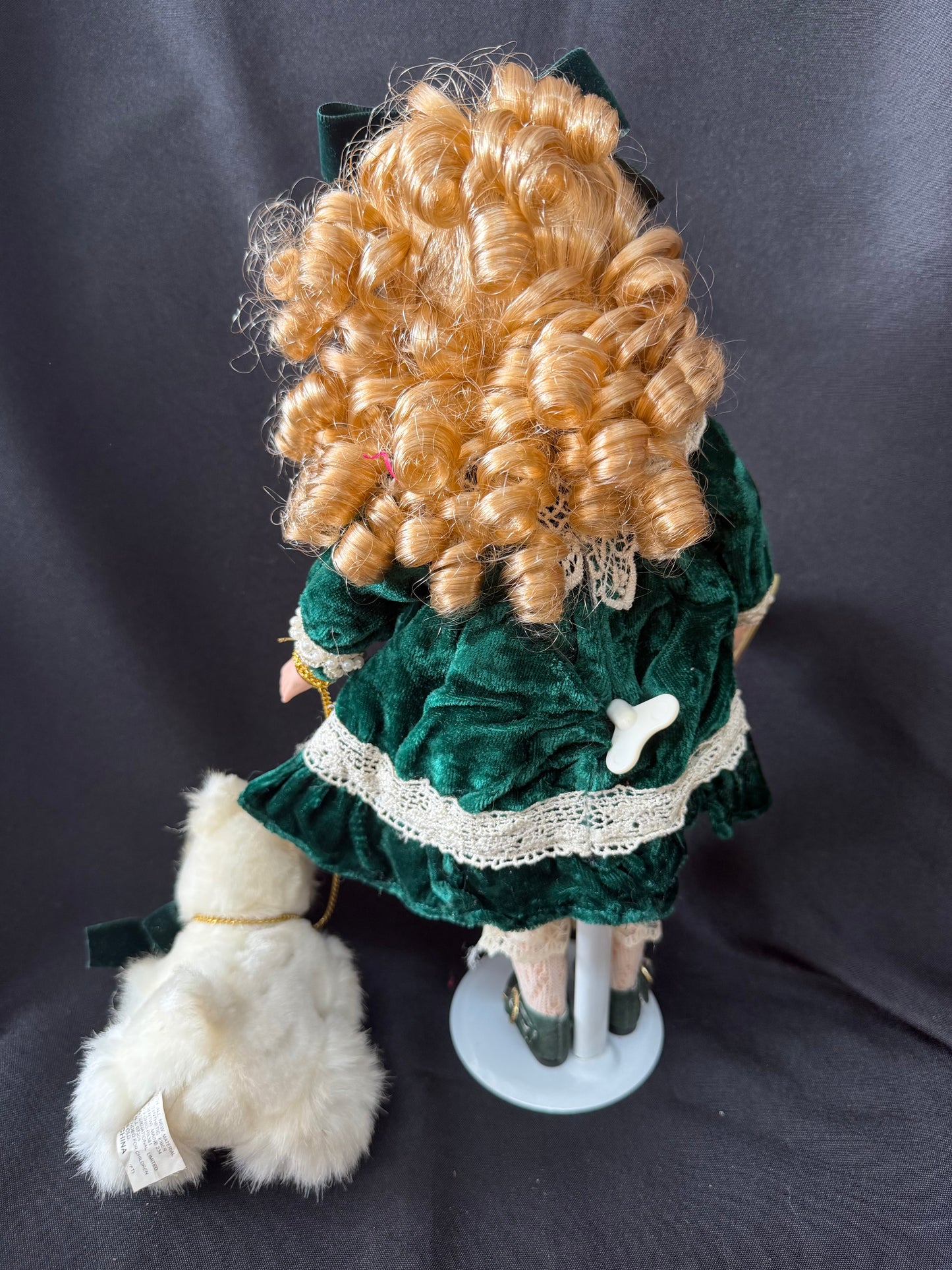 Collectors Choice — Fine Bisque Music Windup Porcelain Doll in Green Dress — with Dog & Leash