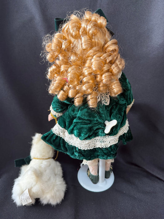 Collectors Choice — Fine Bisque Music Windup Porcelain Doll in Green Dress — with Dog & Leash
