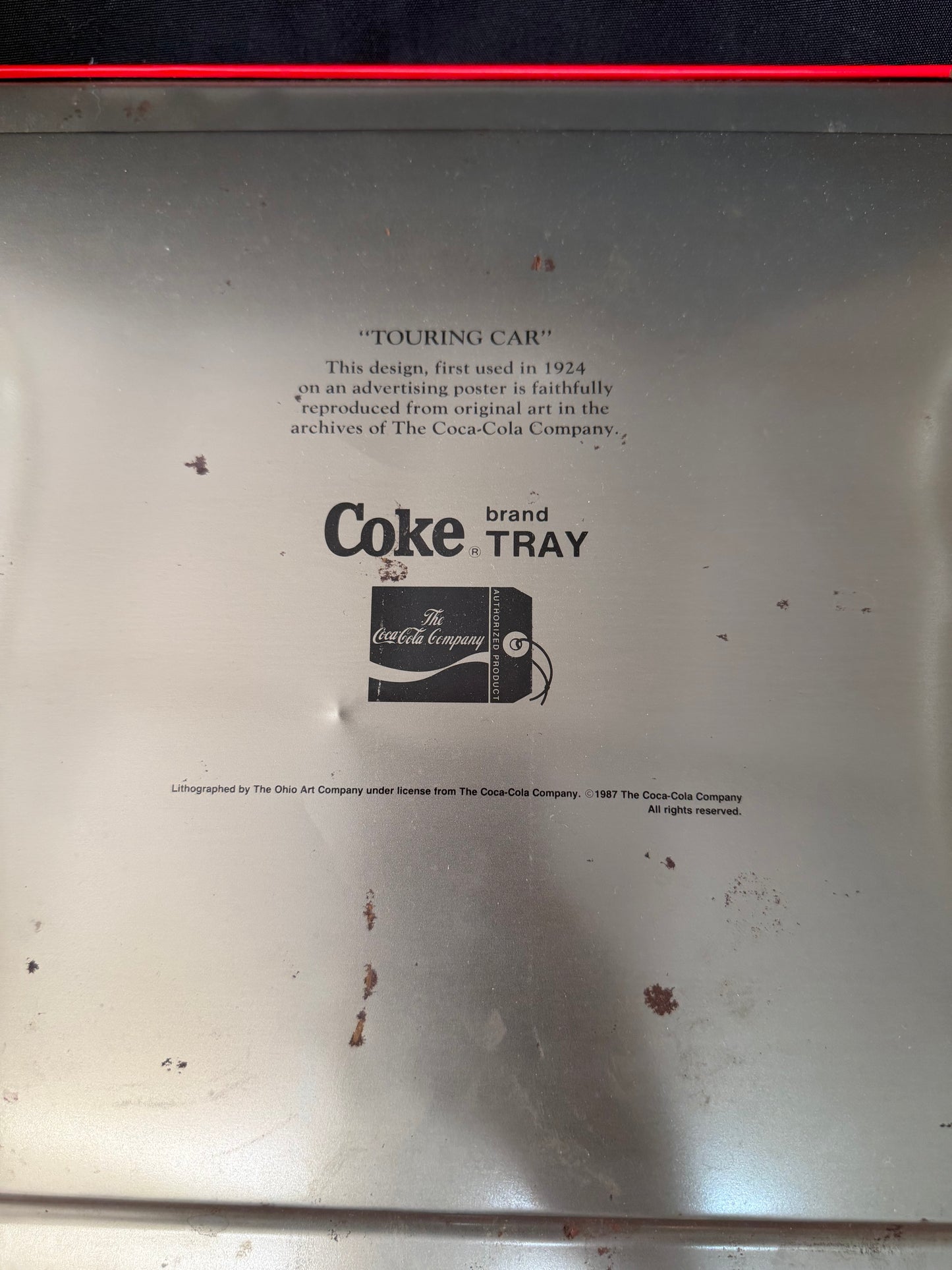 1987 Coca-Cola Metal Serving Tray — "Touring Car" Reproduction of 1924 Original